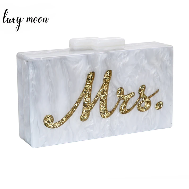

Fashion Acrylic Box Clutches Lady Beach Bag Party Wedding Purse and Handbag Gold Sequin Mrs Letter Pattern Clutch Bag for Women