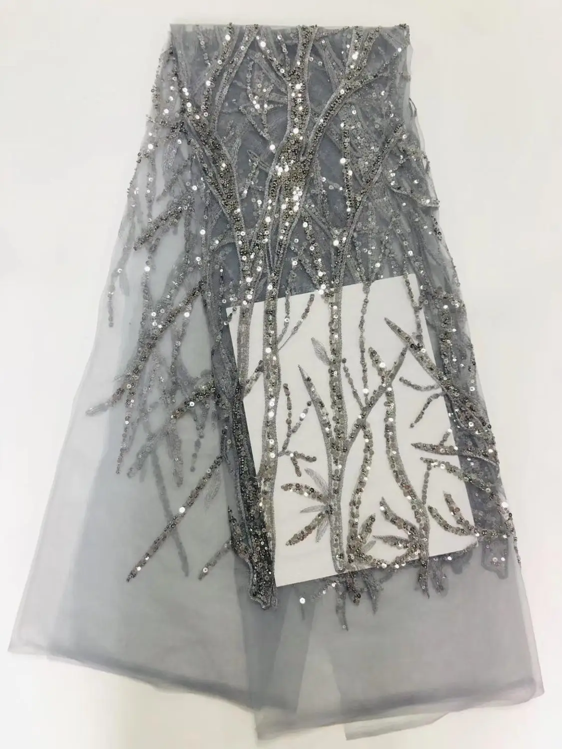 5 yards jhl01-1 grey color# hand made branch beads good quality embroidery net mesh lace fabric for sawing br wedding dress