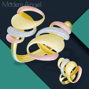 

ModemAngel Luxury Exaggeration Line Cubic Zirconia Bangle Ring Jewelry For Women Wedding Engagement brincos para as mulheres