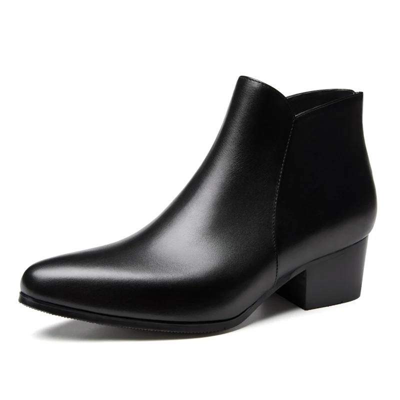 Men Ankle Boots Genuine Leather Men Boots Fashion High Heels Chelsea Boots Black Comfortable Men Footwear Size 36-47