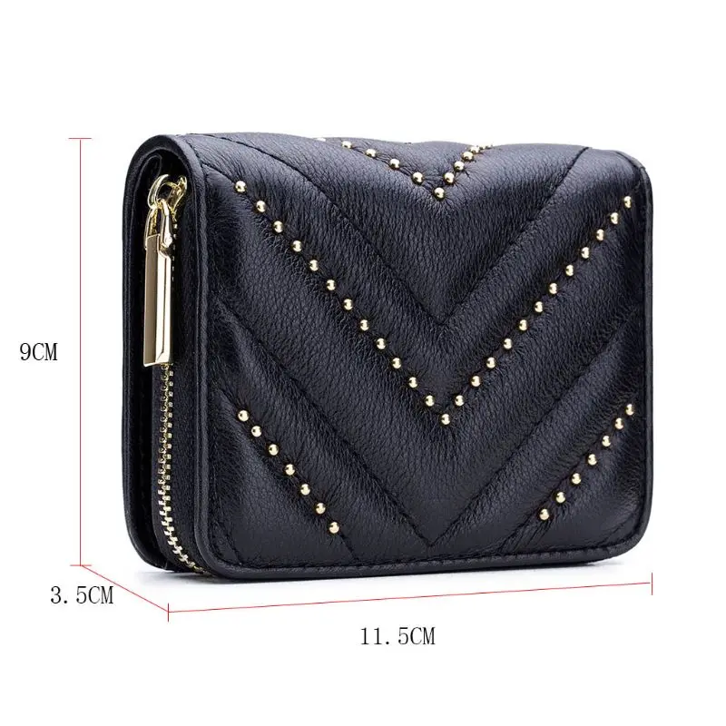 Leather Rivet Zipper Wallet for Women Small Credit Card Holder Coin Bag Mini Purse