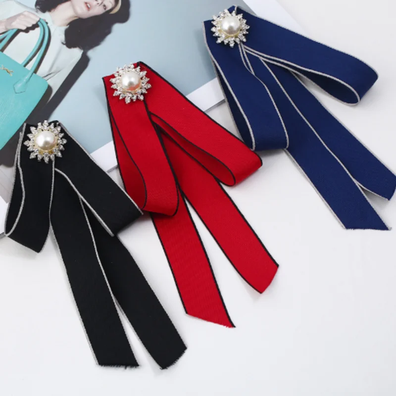 

New Retro Cloth Art British Style Fabric Brooch Long Streamer Neck Ties Bow Tie For Womens Tops And Blouses Shirt Collar Access