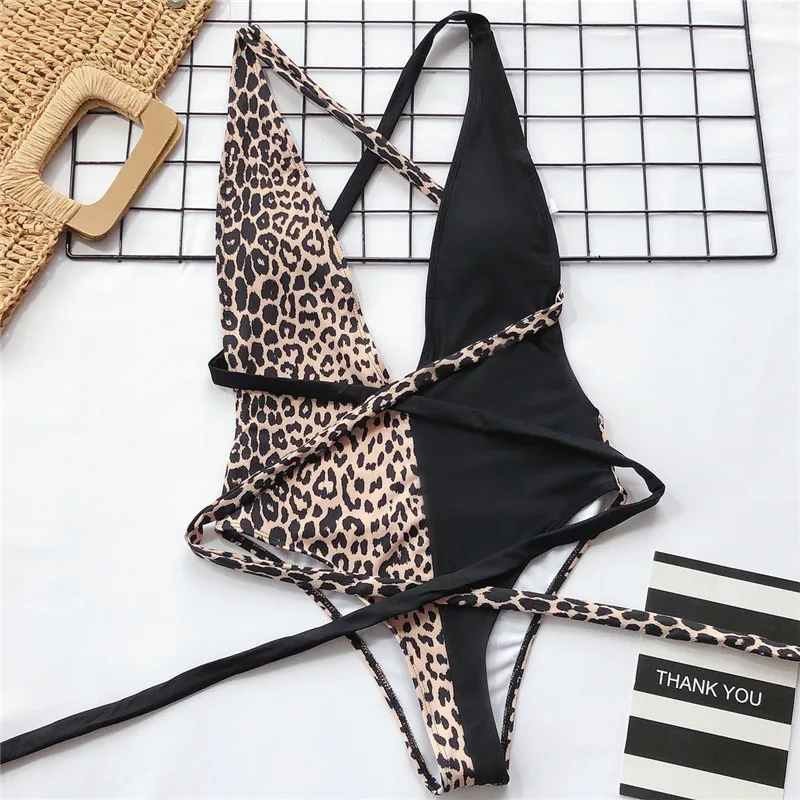 

Deep V neck Wrap Around Leopard Print One Piece Swimsuit Women High leg Cut Swimwear Female Bather Bathing Suit Thong Monokini