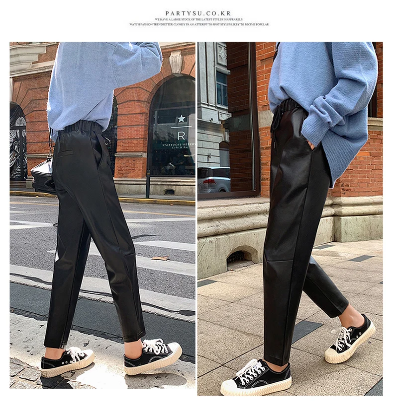 JUJULAND woman winter PU pants Leather pants with a tight waistline Leather pants for winter 9905