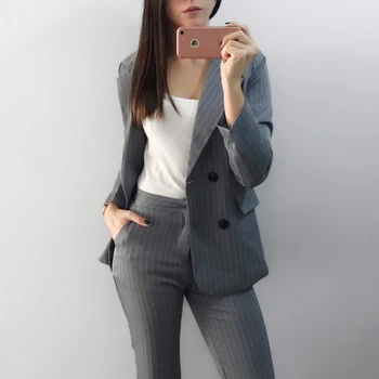 

Work Fashion Pant Suits 2 Piece Sets Double Breasted Stripe Blazer Jacket & Straight Pant Office Lady Suit Women Outfits
