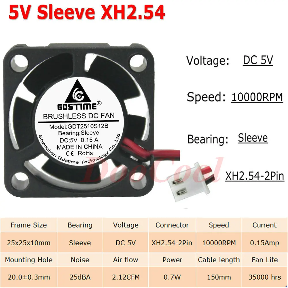 5 шт. Gdstime с фокусным расстоянием 25 мм 25x25x10 мм 2Pin JST Dupont 5 В, 12 В, 24 В постоянного тока, 2510 рукав Шаровая Опора радиатора мини Бесщеточный Охлаждающий вентилятор Cooler - Цвет лезвия: 5V Sleeve XH2.54