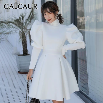 

GALCAUR Elegant Dresses For Female Turtleneck Puff Long Sleeve High Waist Ruffle Slim Women's Dress 2020 Fashion New Clothing