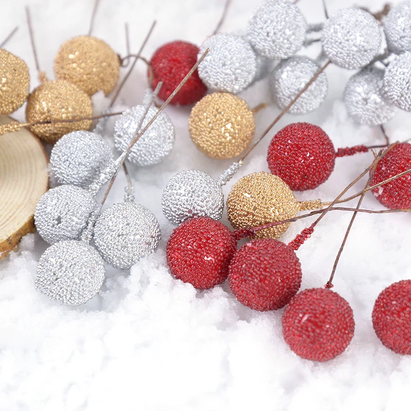 20pcs Mini Fake Fruit Artificial Glass Berries Gold/sliver/red Cherry Christmas Pearl Berries For Wedding Christmas DIY Decor