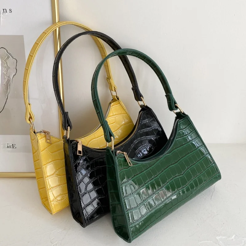 

Fashion PU Leather Women Hobos Underarm Bag Crocodile Pattern Ladies Small Shoulder Bags Bright Colors Female Purse Handbags