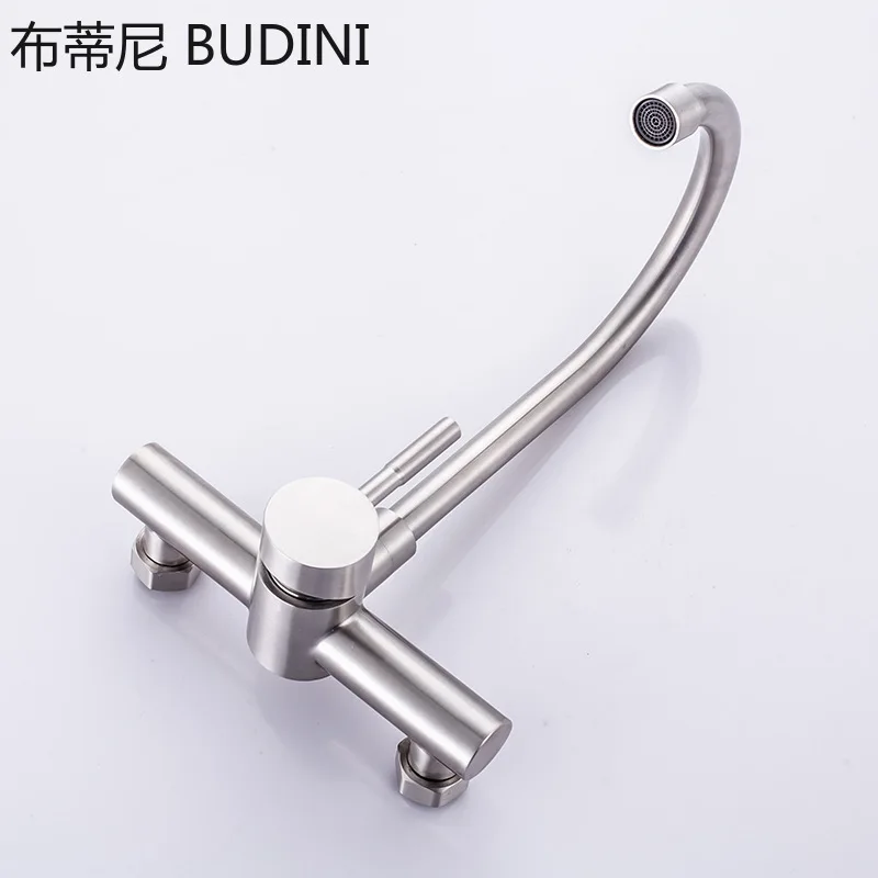 304 Stainless Steel Kitchen Wall-mounted Sink Faucet Double Hole Rotatable Hot and Cold Dish Sink Dish Sink Tap