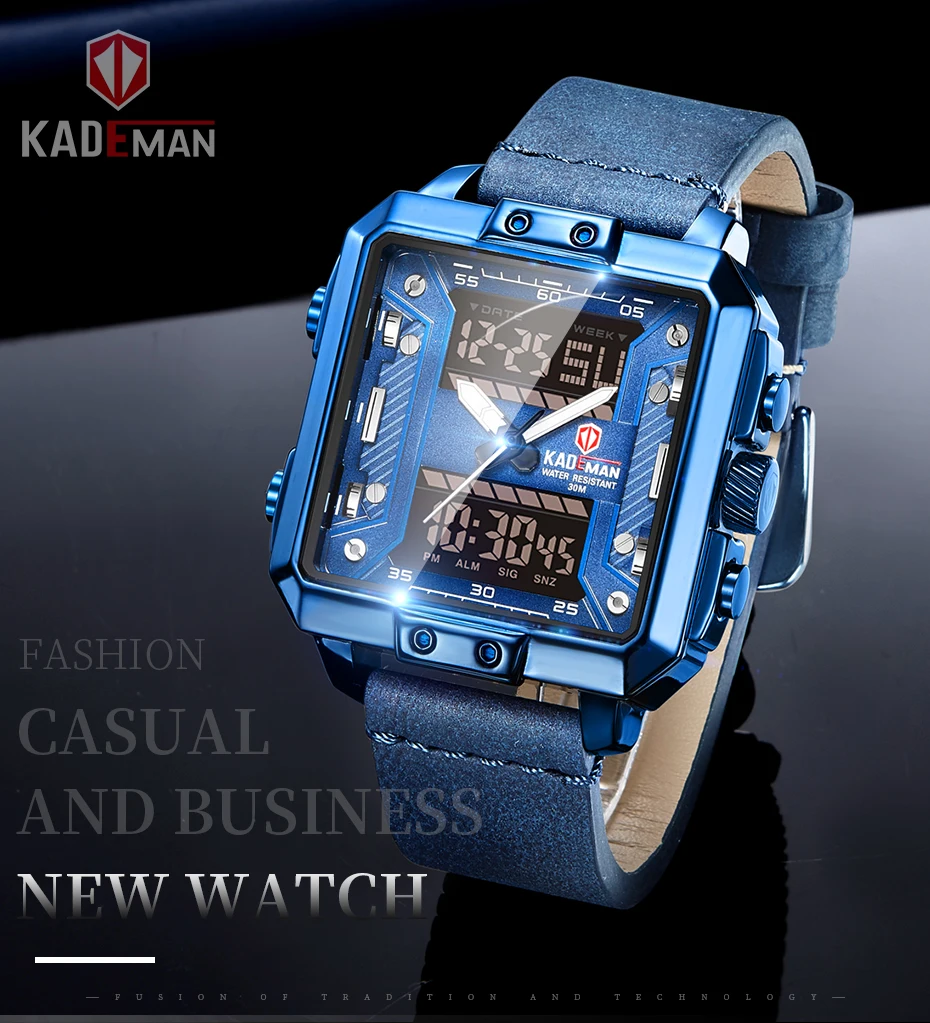 KADEMAN, новинка, роскошные квадратные часы для мужчин, спортивные, водонепроницаемые, военные, наручные часы, Лидирующий бренд, двойной ход, мужские, t, повседневные, кожаные часы