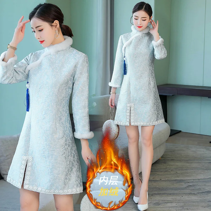 

2018 Autumn And Winter Graceful GIRL'S Improved Fashion Rabbit Fur Collar Brushed And Thick Long Sleeve Cheongsam Mx8912