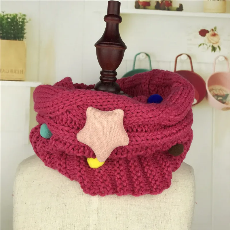 Вязаный шерстяной шарф для девочек и мальчиков, кольца, детский слюнявчик, зимние теплые шарфы, детская одежда с воротником, аксессуары - Цвет: Розово-красный