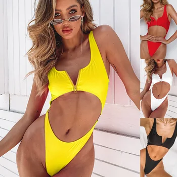 

2020 New Style Swimsuit Open Belly One-Piece Zipper Sexy Solid Color Strap High Waist Women's Swimsuit Swimwear