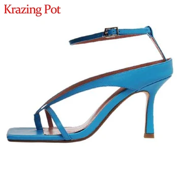 

Krazing pot 2020 new plus size full grain leather peep toe high heels European design beauty lady mature basic sandals women L63