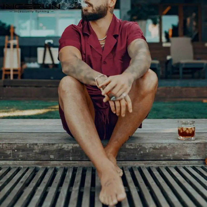 2021 Men Casual Sets Streetwear Solid Color Suede Fabric Lapel Short Sleeve Shirt Elastic Waist Shorts Men Suits S-5XL INCERUN - Image 5