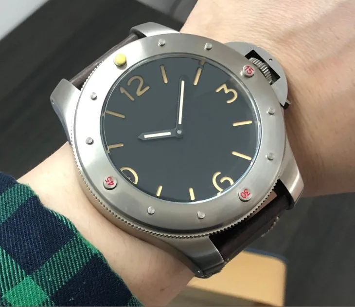 

60mm big black dial GEERVO Asian 6497 17 jewels Mechanical Hand Wind movement Titanium watchcase men's watch g321-g8