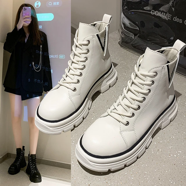 Dr. Martens Boots Women's New Korean Style Student round Head Thick Bottom  Mid Heel Fashion Casual Lace up V-Shaped Ankle Boots _ - AliExpress Mobile