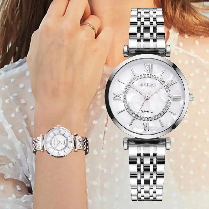

Ladies Quartz Watches Stainless Steel Belt Watch Female Rhinestone Watch Women's Wristwatch