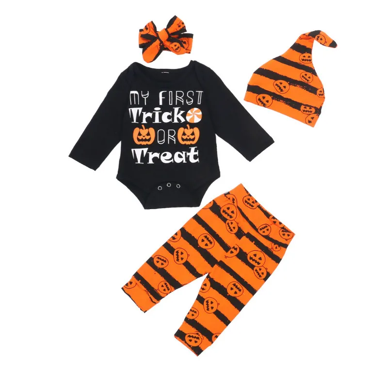Halloween Infant Letter Printed Romper+ Trousers+ Bowknot Headband+ Hat 4Pcs Set Holiday Costume