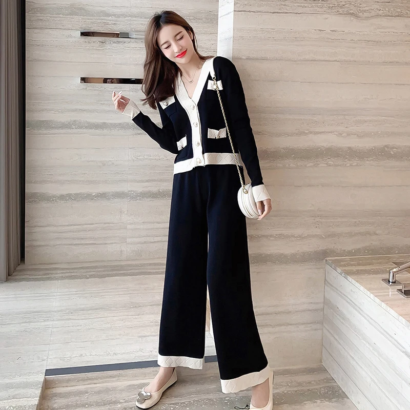 

Knitted Sweater Jacket Suits Women V-Neck Long Sleeve Jacket Coat High Waist Wide Length Ankle Length Fashion 2 Piece Suits