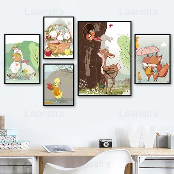 

Cartoon Children's Room Animal Forest Fairy Tale World Home Decoration Painting Duck Rabbit Fox Deer Living Room Canvas Poster