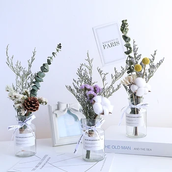 

MODERN GLASS VASE+ARTIFICIAL FLOWER SET FIGURINES OFFICE DECORATION CRAFTS HOME LIVINGROOM FAKE DRIED FLOWER POT ORNAMENTS ART