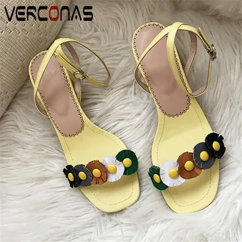 

VERCONAS Woman Sandals Woman Pumps Classic Design Summer Genuine Leather Flower Decoration Square Toe Square Heels Shoes Woman