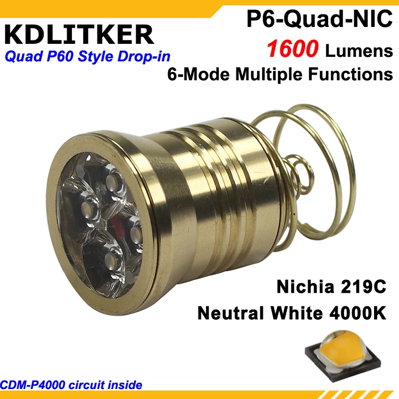 KDLITKER P6 Quad 4 x Nichia 219C нейтральный белый 4000K High CRI92 1600 Lumens 3V 9V P60 Drop in Module (Dia. 26 5