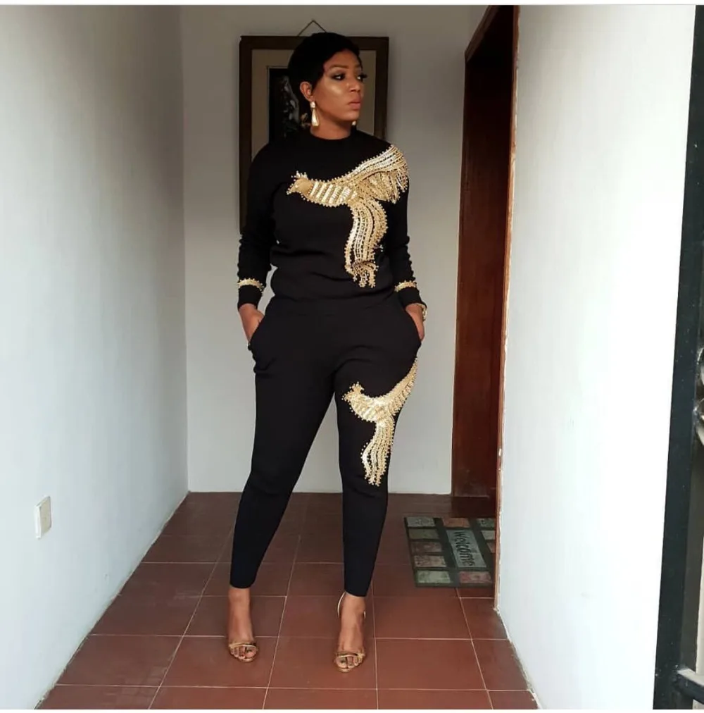 

2020 New Winter Spring Long Sleeve Sportswear Office Phoenix Sequined Sweatshirt Pant 2pcs Women's Set Outfits Suit AM306