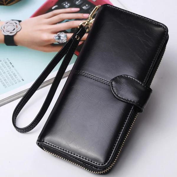 ACELURE Solid Color Women Long Wallets Simple Style Zipper& Hasp Purse With Card Holder Oil Wax Pu Leather Ladies Daily Wallet - Цвет: Black