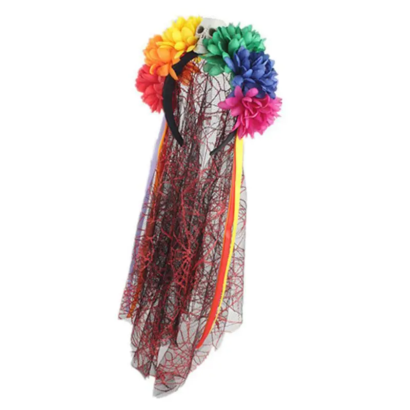 

Women Girls Halloween Handmade Multi Colored Artificial Flower Headband with Skull Head Lace Veil Ribbon Mexican Party Costume
