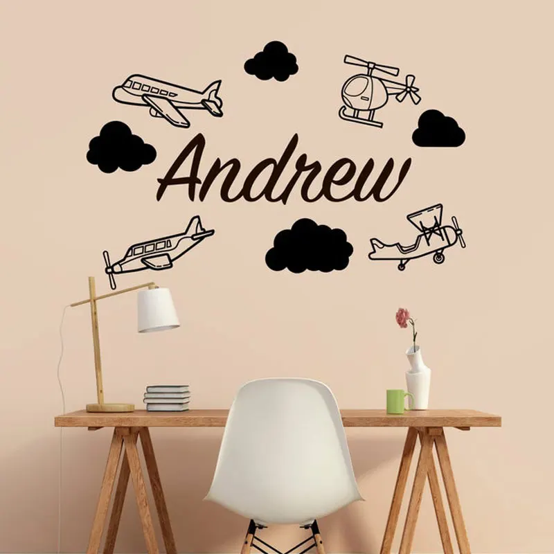 

Personalized Name Cartoon Airplanes With Clouds Wall Sticker Vinyl Home Decor Kids Room Nursery Decals Custom Wallpaper A349