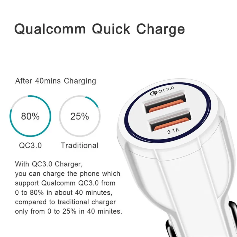 Универсальное двойное QC 3,0 USB быстрое автомобильное зарядное устройство с светодиодный подсветкой для iPhone huawei mate 30 20 P30 P20 samsung Galaxy Xiaomi sony