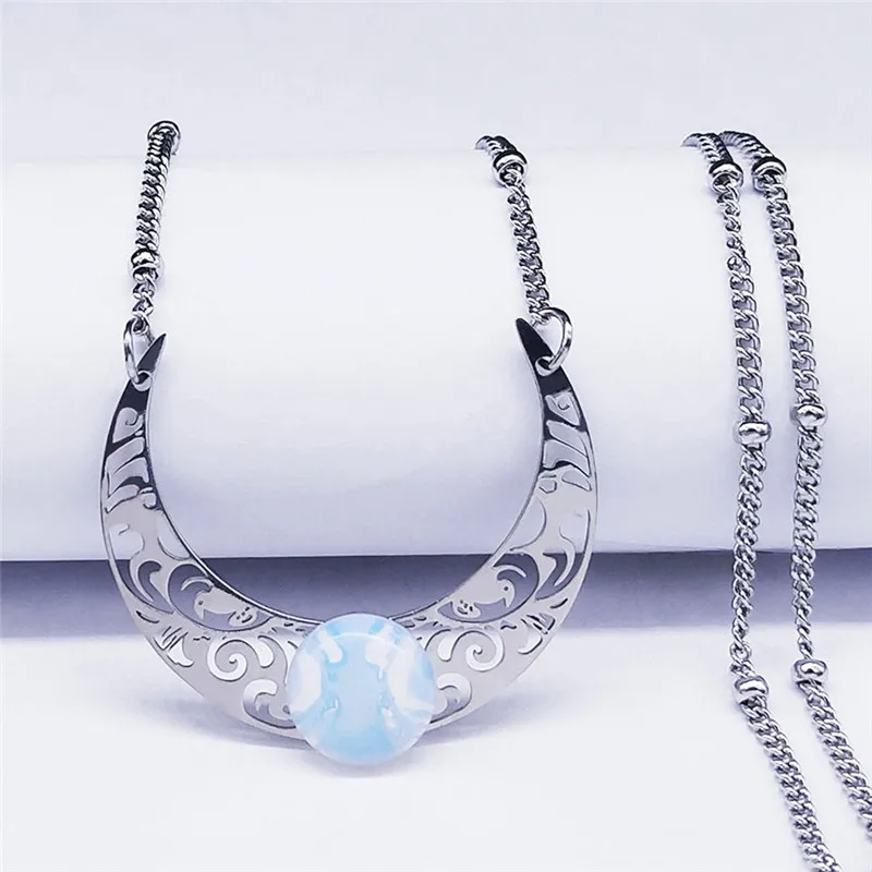 2020 Moon Moonstone Stainless Steel Chain Necklace Women Silver Color Pendants Necklaces Boho Jewelry bijoux femme N1129S04