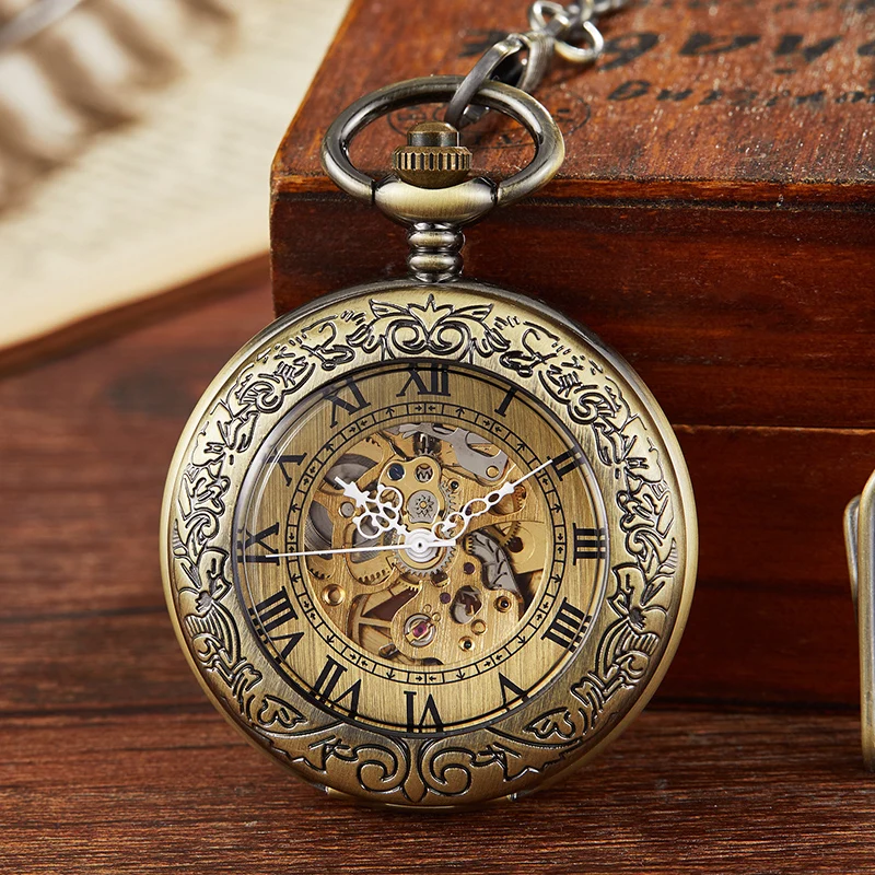 Vintage Gold Bronze Mechanical Pocket Watch Hand Winding Skeleton Roman Numerals Dial Man Fob Chain Clock for Men Dropshipping