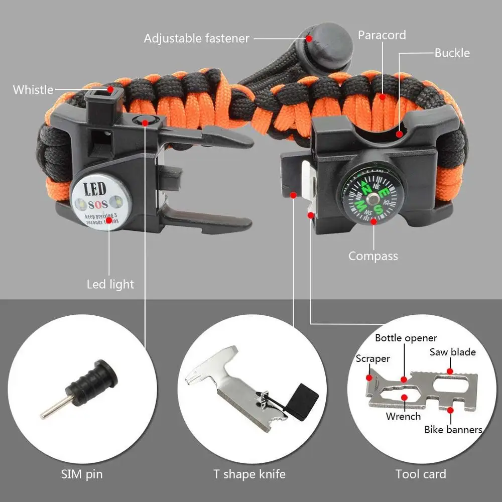 Открытый выживания браслет Паракорд Браслет водонепроницаемый SOS светодиодный светильник аварийный нож свисток Компас мульти инструменты оборудование для лагеря