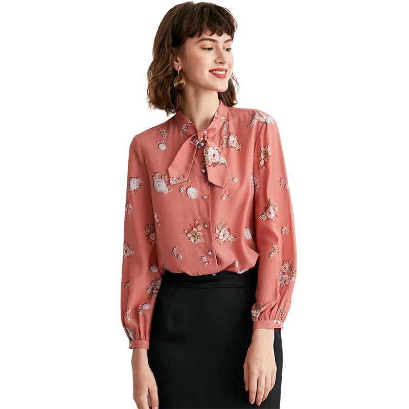 2019 Осенняя модная женская розовая шелковая рубашка Рабочая OL Wind Mulberry Шелковая Популярная свободная рубашка Повседневная розовая рубашка