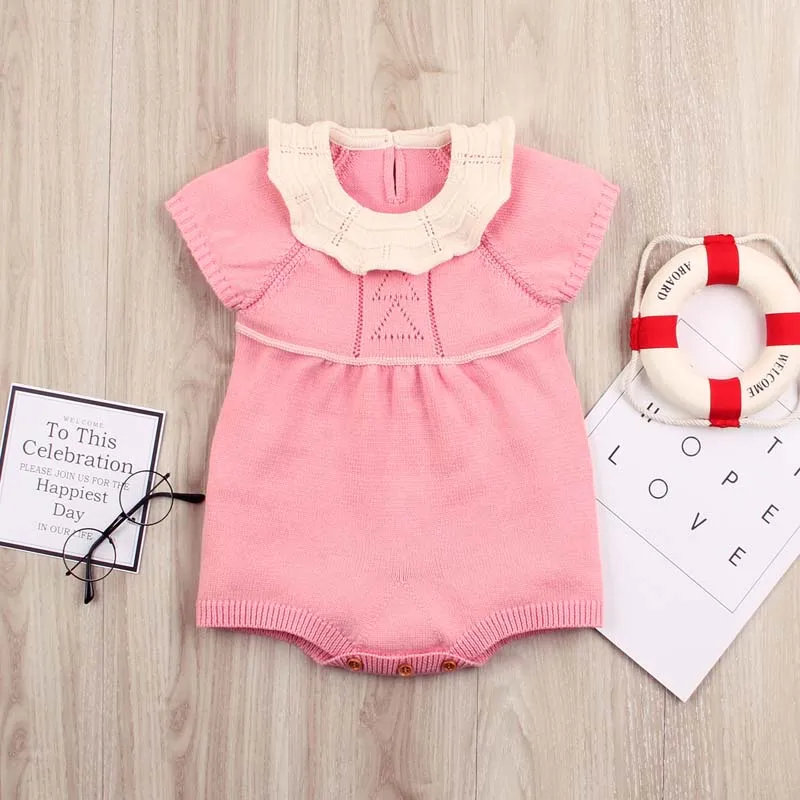 Infant Baby Girls Bodysuits Knitted Sweater Solid Infant Jumper Princess Ruffled Neck Playsuit Hollow Out Outfit