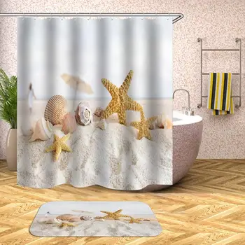 

35Waterproof Shower Curtain Beach Shell Sea Bath Curtains For Bathroom Bathtub Bathing Cover Extra Large Wide With 12pcs Hooks