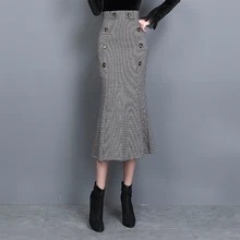 Высококачественная теплая клетчатая юбка, длинное женское черно-белое обтягивающее на пуговицах с разрезом, облегающее женское платье русалки