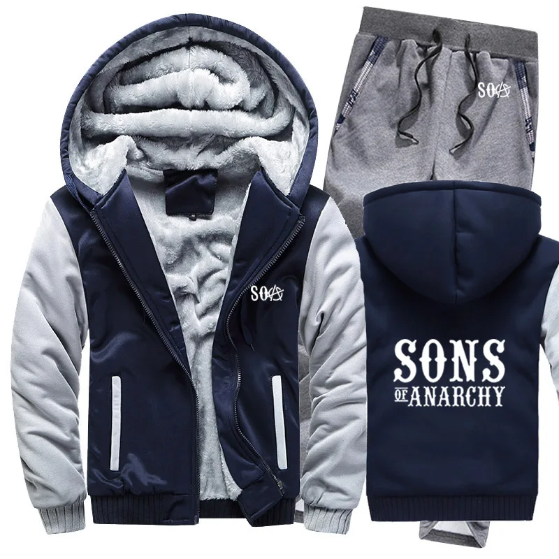 SOA Sons of толстовки анархия мужской костюм Зимние флисовые утепленные пальто на молнии свитшоты, мужские худи куртка+ брюки комплекты из 2 предметов