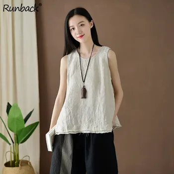 

Runback Tank Top Women Comfort Cotton Linen Camisole Tops O-neck Solid Burr Hem Sleeveless Sexy Loose Plus Size Ropa Mujer