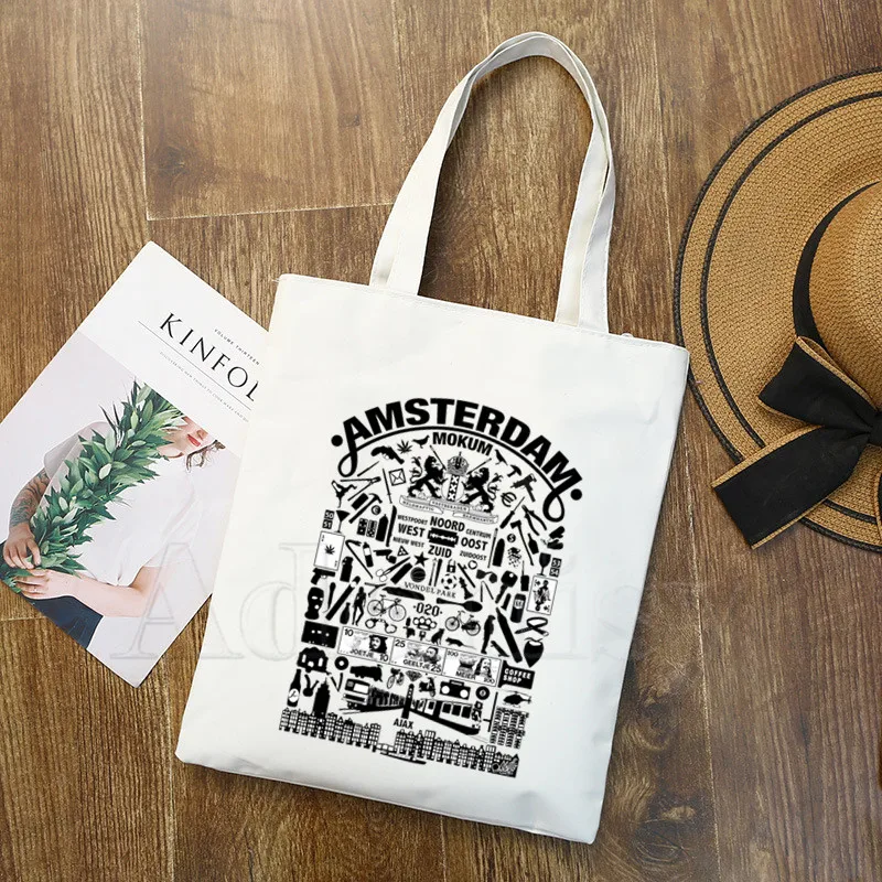 

Flag Amsterdam Netherlands Print Reusable Shopping Bag Women Canvas Tote Bags Printing Eco Bag Cartoon Shopper Shoulder Bags
