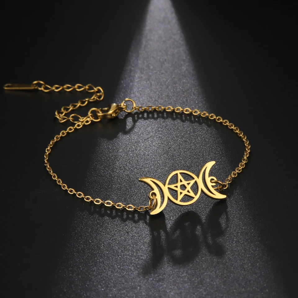 VASSAGO Bracciale Intrecciato Dea Tripla Luna E Pentacolo, Amuleto Wicca Pagano In Acciaio, Regolabile Uomo/Donna