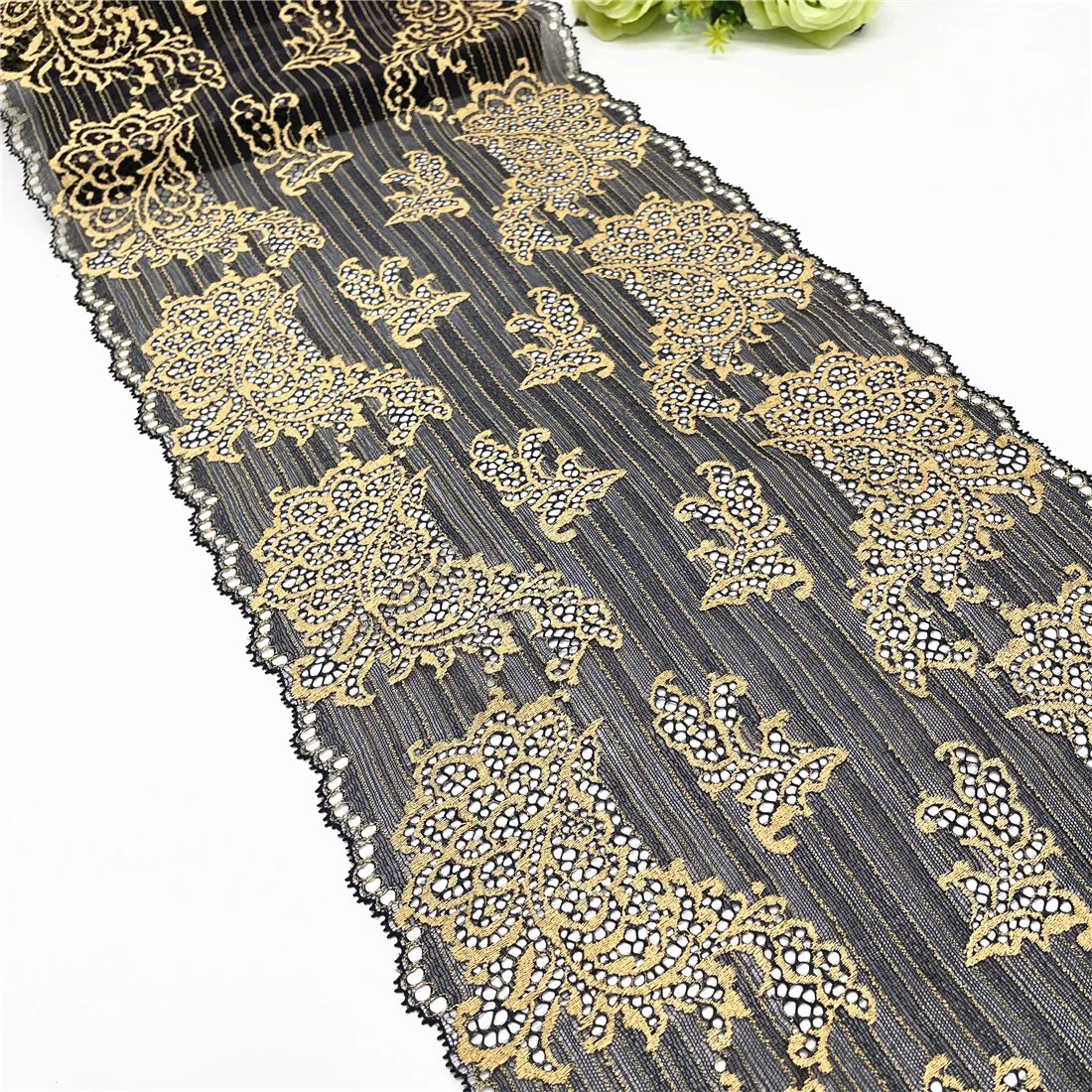 3y/lot Width 11 inch 28cm Ginger Black Yellow Stretch Elastic Wide Lace Trim 1
