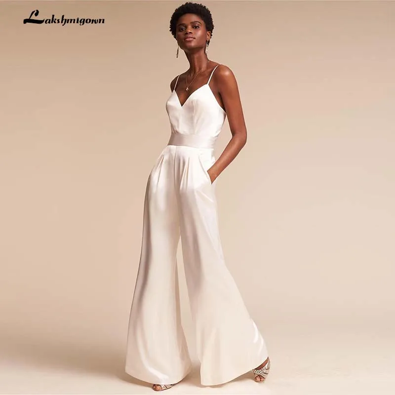 

Summer Wedding Jumpsuit with Pockets Spaghetti Neck Beach Wedding Ceremony Dress with Wide-Leg Pants Zipper Back Bridal Gowns