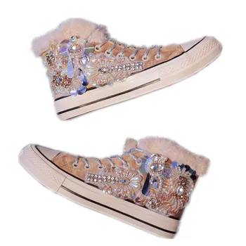 

New European heavy industry rhinestone nail beads thickened wool canvas shoes original Joker casual plush cotton shoes