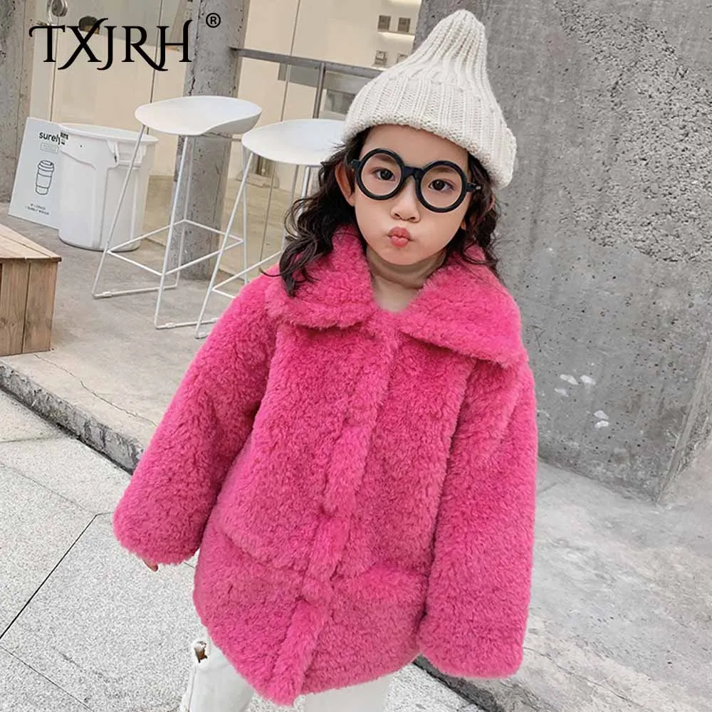 

TXJRH Stylish Mother Daughter Son Faux Lamb Fur Lapel Hairy Shaggy Outwear Winter Keep Warm Jacket Coat Two Pockets Tops 4 Color
