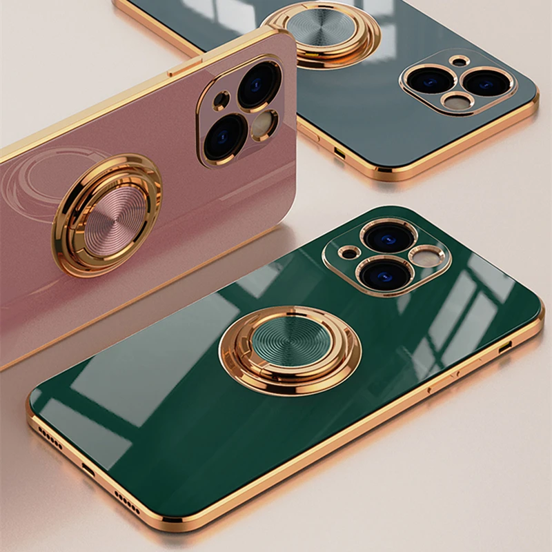 Luxury Plating Silicone Case For iPhone 15 14 13 12 11 Pro Xs Max Mini SE X XR 7 8 Plus Metal Ring Holder Stand Soft Phone Cover